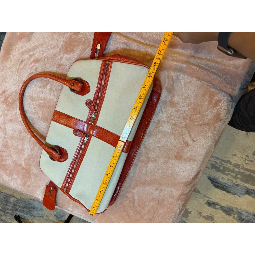 77. Vintage Nordstrom East‎ West Canvas Burnt Orange Leather Satchel Tote Bag